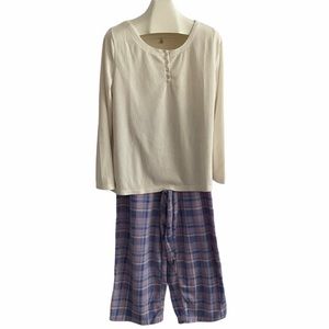 PINK K Pajama Set Ivory Chenille Top Purple Plaid Fleece Bottoms Size XL